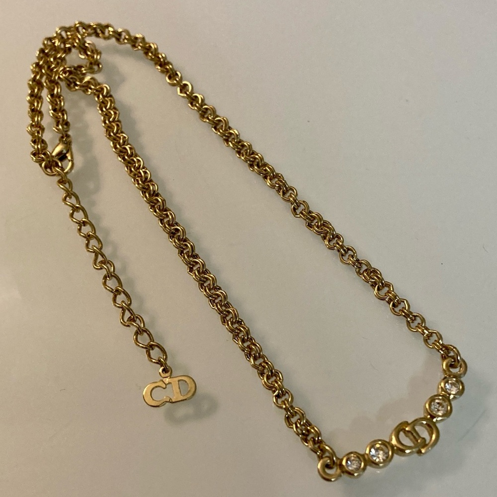 Authentic Dior Vintage Gold Chain Necklace with Crystal Accents Stamped - Picture 4 of 10